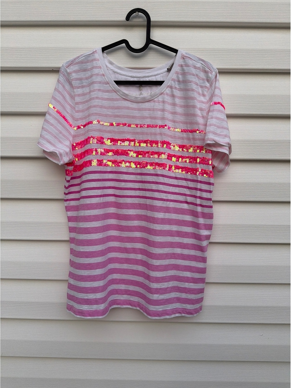 Tommy Bahama Women's L Pink White Striped Sequin Organic Cotton T-Shirt